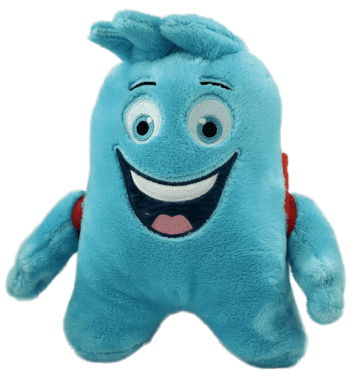 Das fröhliche, blaue Quimbo Plüschi – das aufmunternde Maskottchen zum Quimbo Hustensaft.