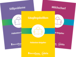 Man sieht die 3 Patienten-Ratgeber "Stillprobleme", "Milchschorf" und "Säuglingskoliken" um den Hebammen Beispiele unserer Patienten-Ratgebern zu zeigen