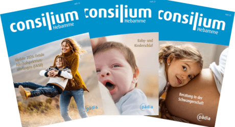 Man sieht die 3 consilium Themenhefte "Fetale Alkoholspektrumstörung", Baby- und Kinderschlaf" und "Beratung in der Schwangerschaft" um den Hebammen Beispiele unserer Themenhefte zu zeigen.