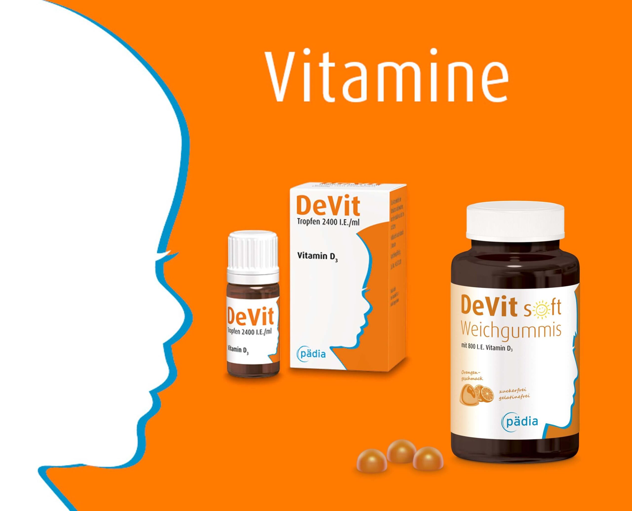 Vorschau auf die Produktkategorie Vitamine: Eine Auswahl an Vitamin-D-Produkten für Kinder, darunter DeVit Tropfen und die zuckerfreien DeVit soft Weichgummis.